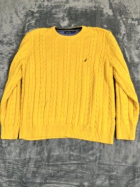 Nautica Yellow Cable Knit Pullover Sweater XXL Crew Neck Embroidered Logo